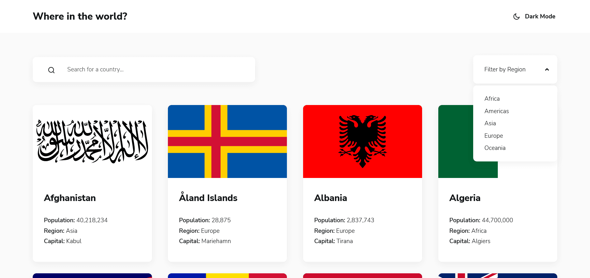 REST Countries API with color theme switcher screenshot